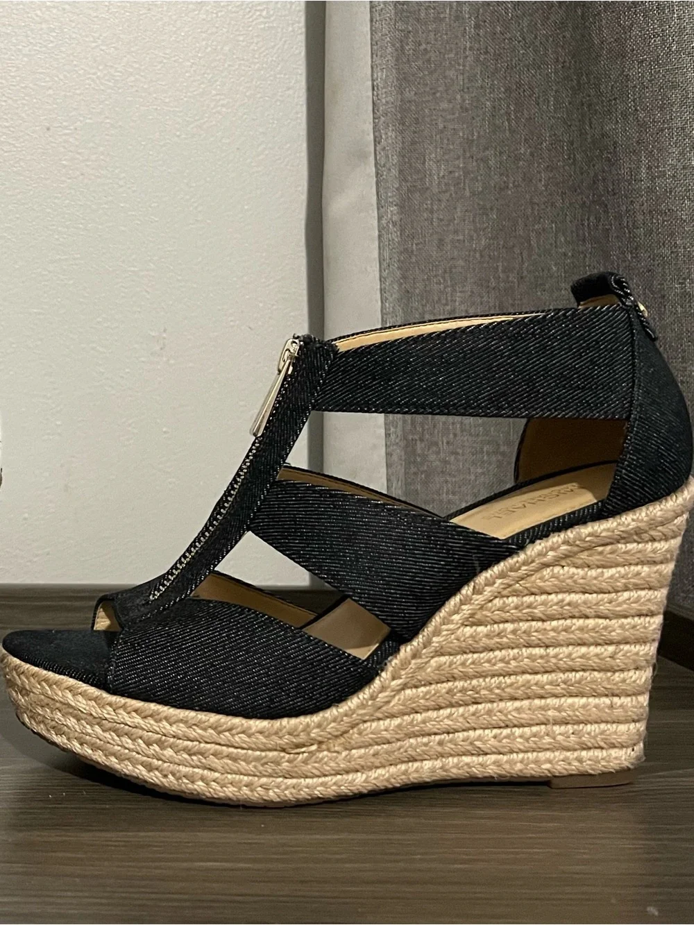 Michael Kors Blue/Denim Color Espadrille Wedge Sandals with Front Zip Accent